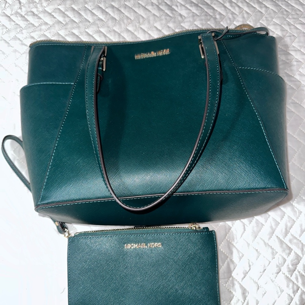 Michael Kors Green Tote and Wristlet
